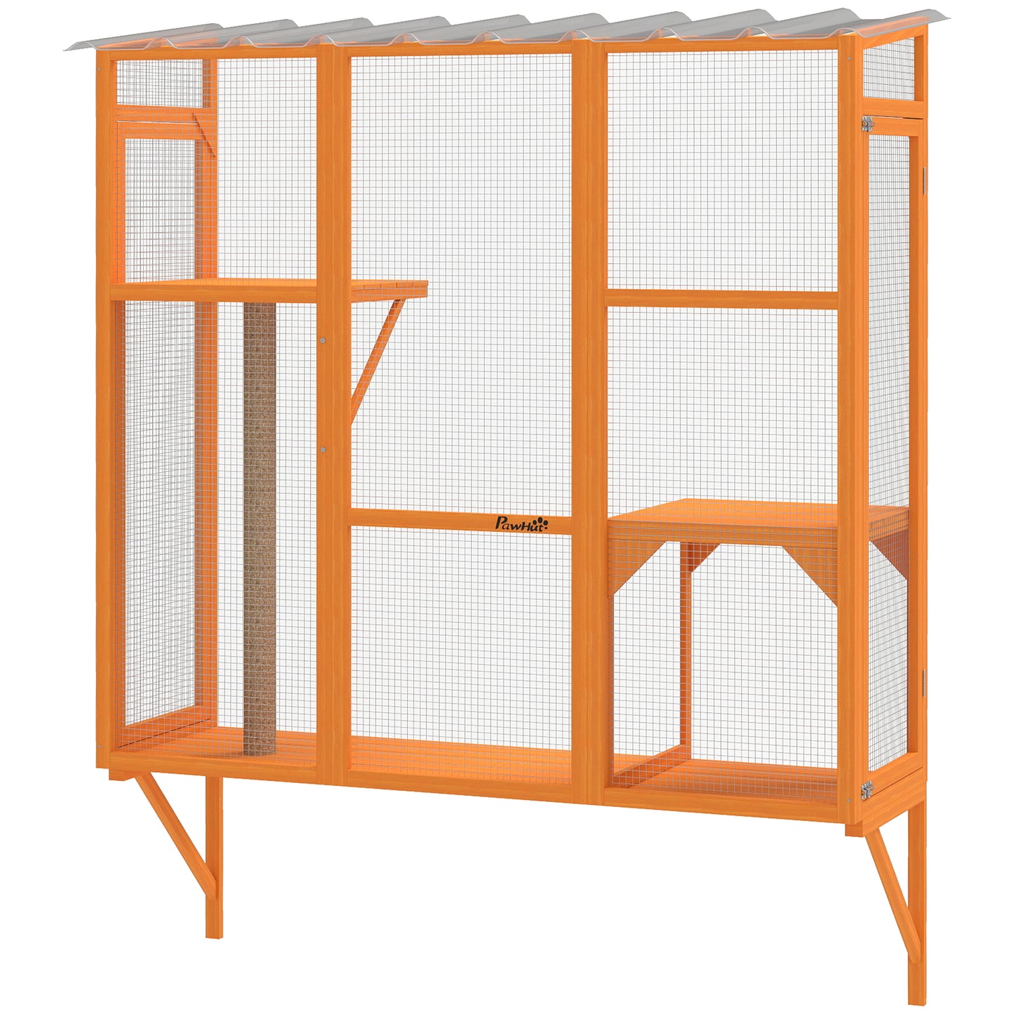 Wooden Catio Outdoor, Cat Window Box Enclosure for 2-3 Large Cats with 2 Jumping Platforms & Scratching Post, Orange