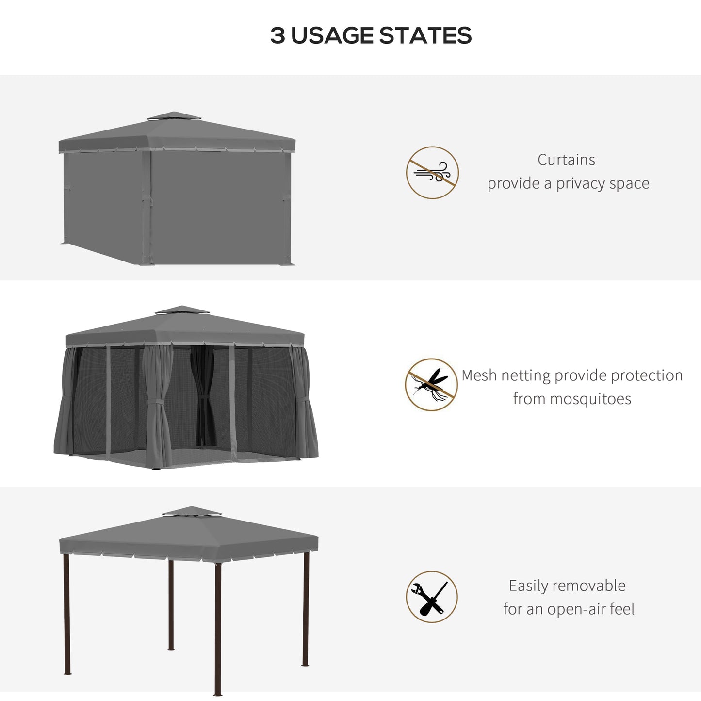 10' x 10' 2-Tier Outdoor Gazebo Canopy Tent with Zippered Mesh Sidewalls, Aluminum Frame for Patio, Backyard, Dark Grey