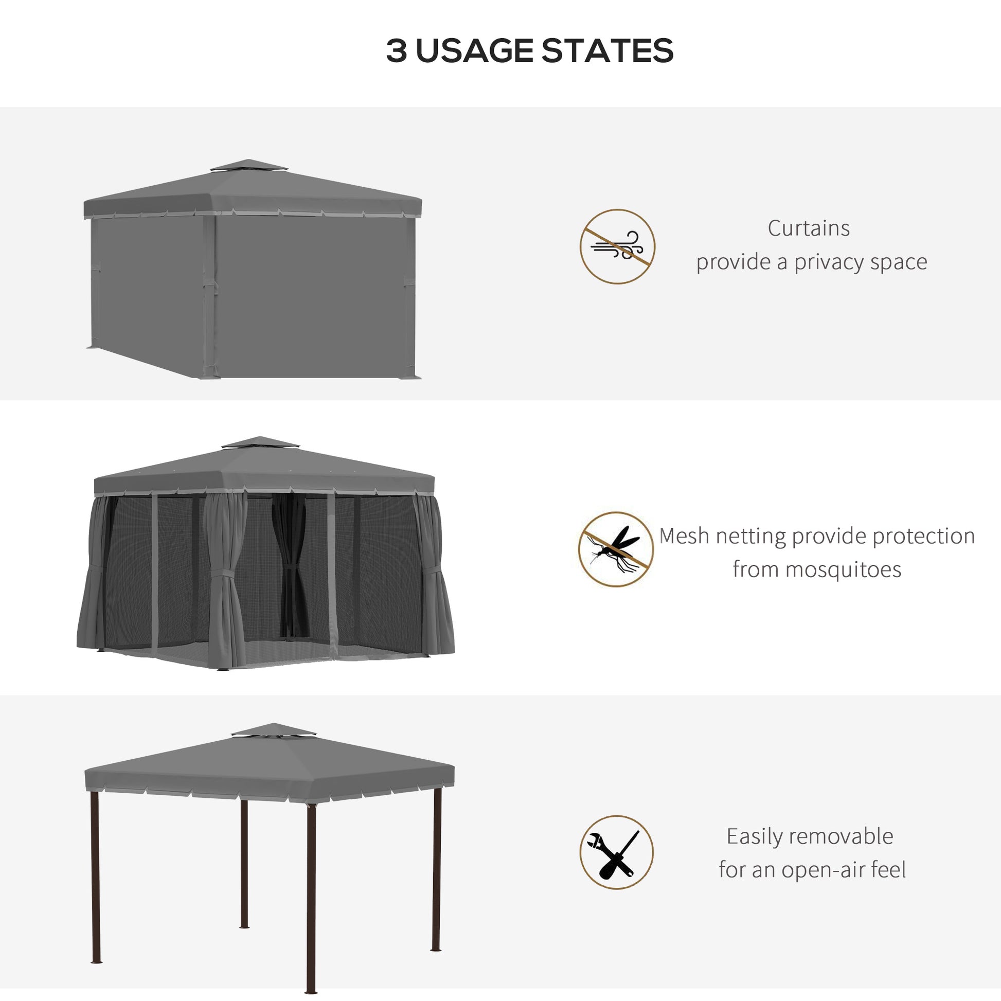 10' x 10' 2-Tier Outdoor Gazebo Canopy Tent with Zippered Mesh Sidewalls, Aluminum Frame for Patio, Backyard, Dark Grey