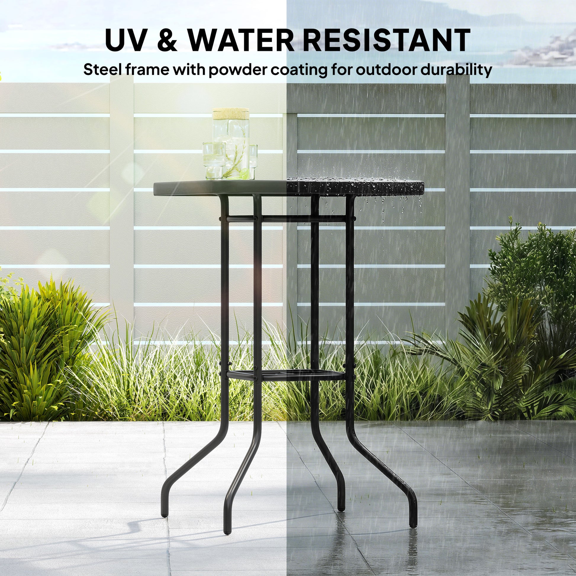 Outdoor Bar Table with Umbrella Hole, 41.3" Bar Height Patio Table with Glass Top and Metal Frame, Black