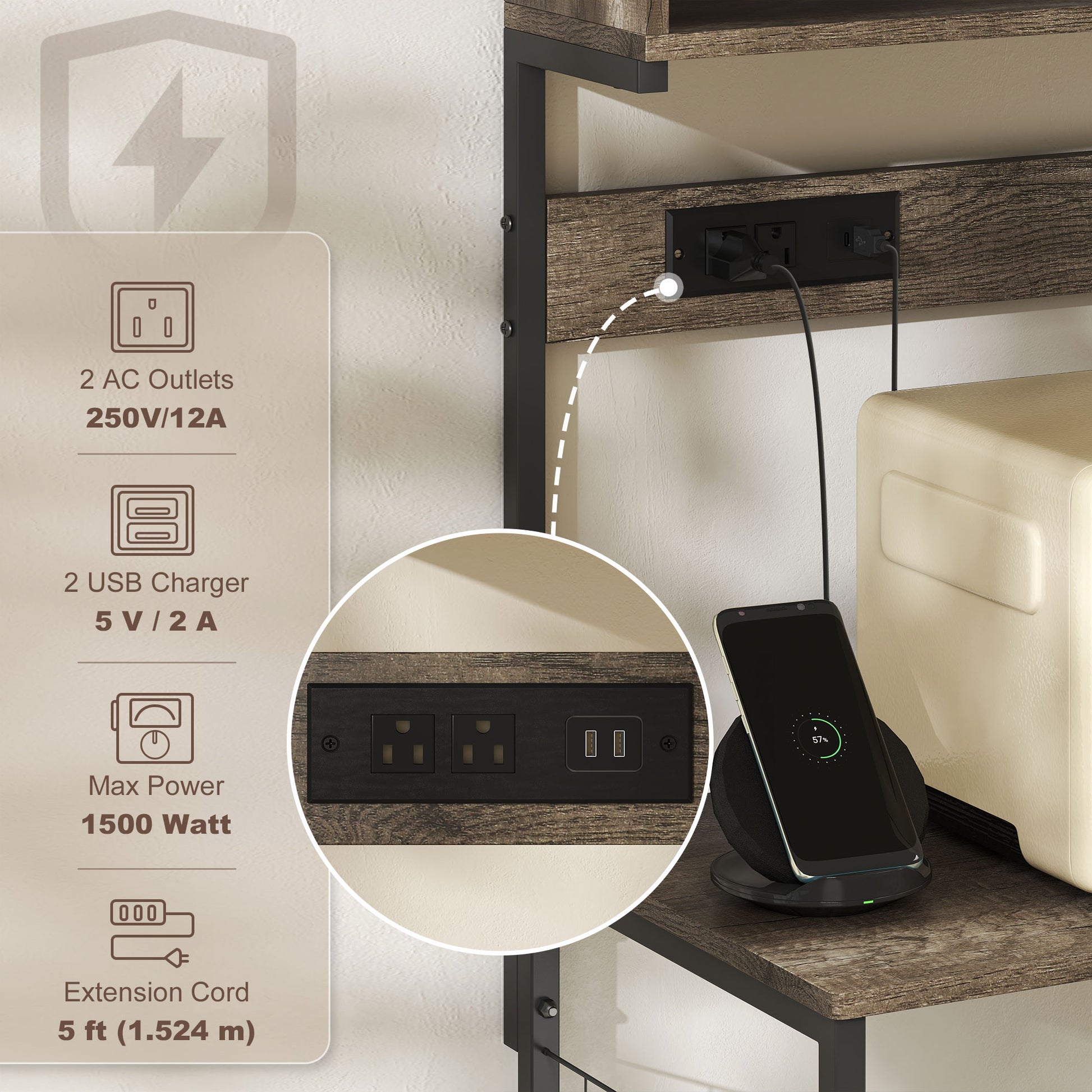 Baker's Rack with Charing Station, Microwave Shelf with Power Outlet, USB Charger and 5 Hooks, Distressed Grey