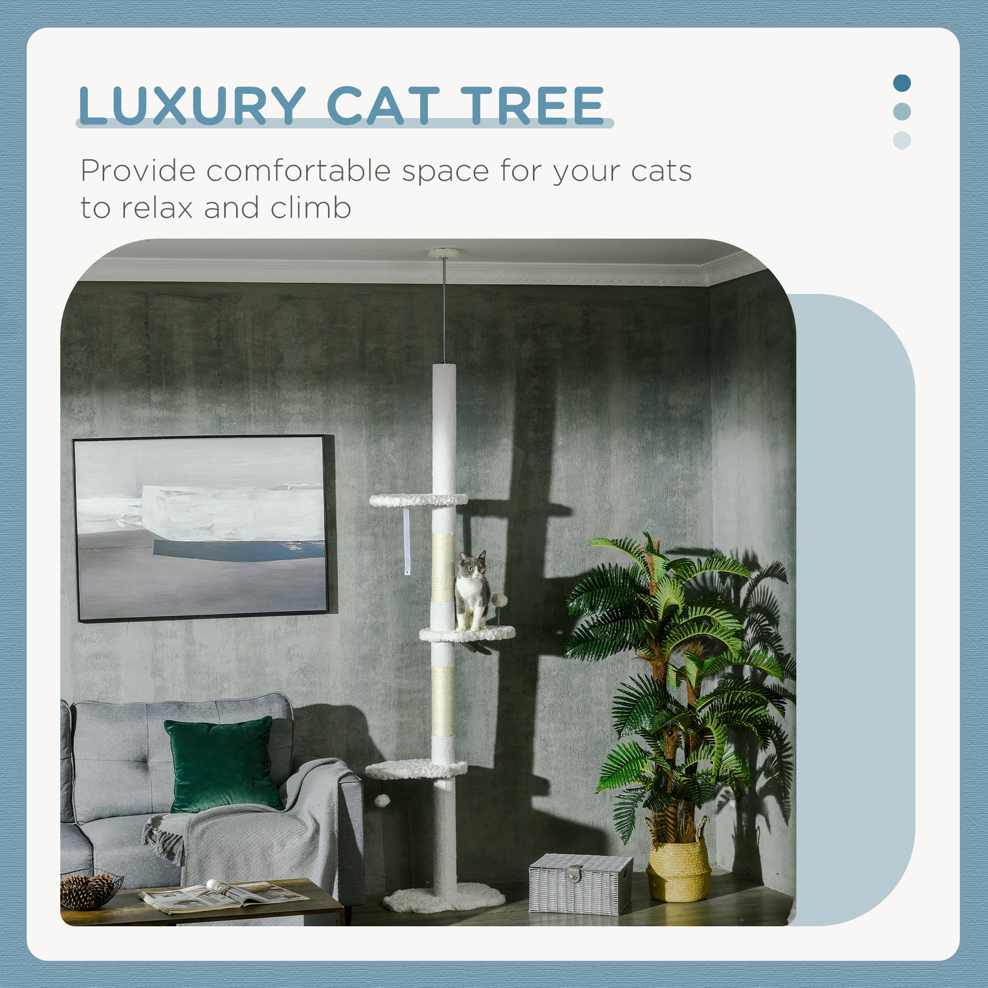 88.5"-100.5" Floor to Ceiling Cat Tree, Cat Tower with Scratching Posts, Cloud Shaped Platforms, Dangling Balls, White