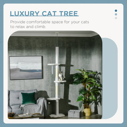88.5"-100.5" Floor to Ceiling Cat Tree, Cat Tower with Scratching Posts, Cloud Shaped Platforms, Dangling Balls, White