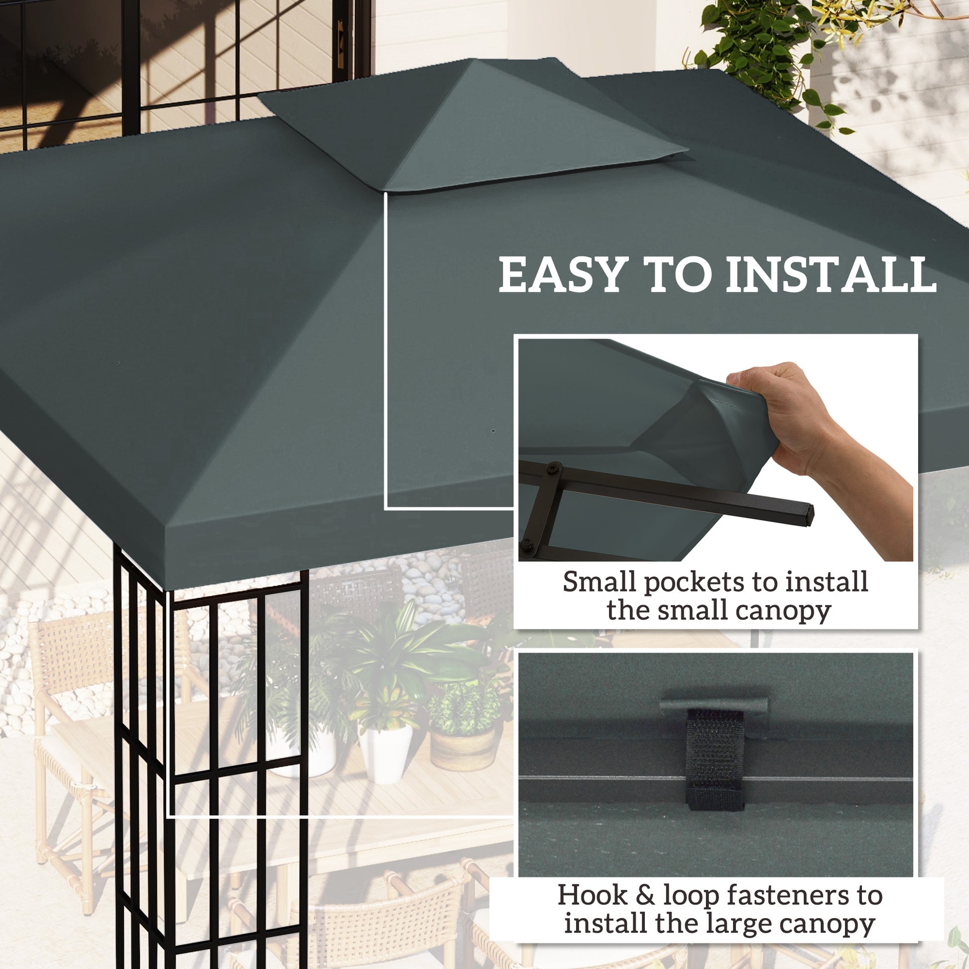 10' x 10' Square 2-Tier Gazebo Canopy Replacement Top Cover Outdoor Garden Sun Shade, Charcoal Grey