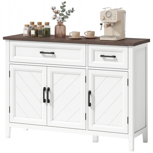 Sideboard Buffet Cabinet, 44" Farmhouse Kitchen Cabinet with 3 Chevron Doors, 2 Drawers and 2 Adjustable Shelves, White