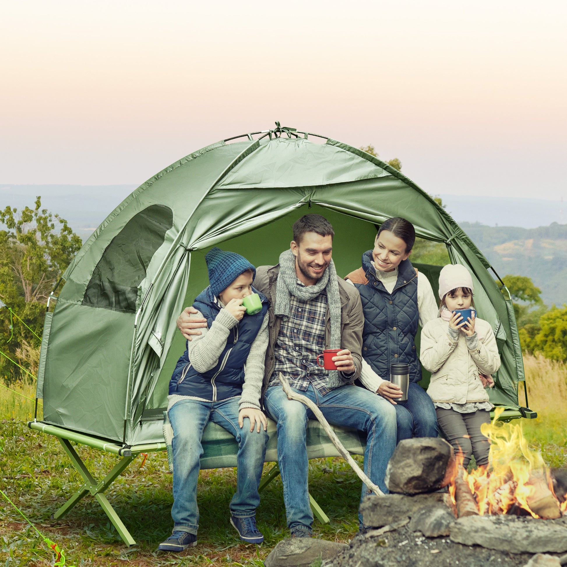 Compact Pop Up Portable Folding Outdoor Elevated Camping Cot Tent Combo Set Dark Green