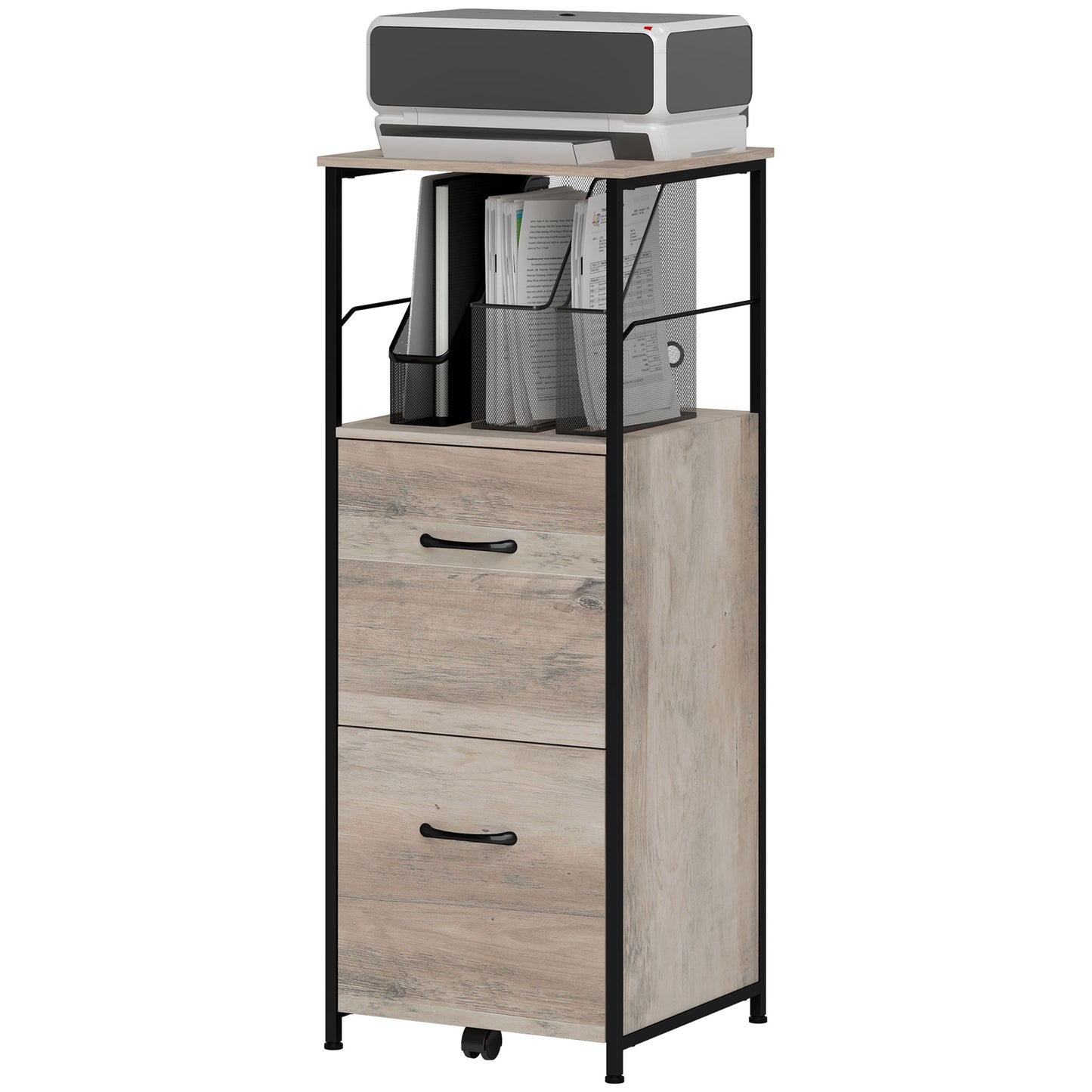 Vertical Filing Cabinet, Tall File Cabinet with 2 Drawers, Hanging Bars for Letter and A4 Size, Distressed Grey