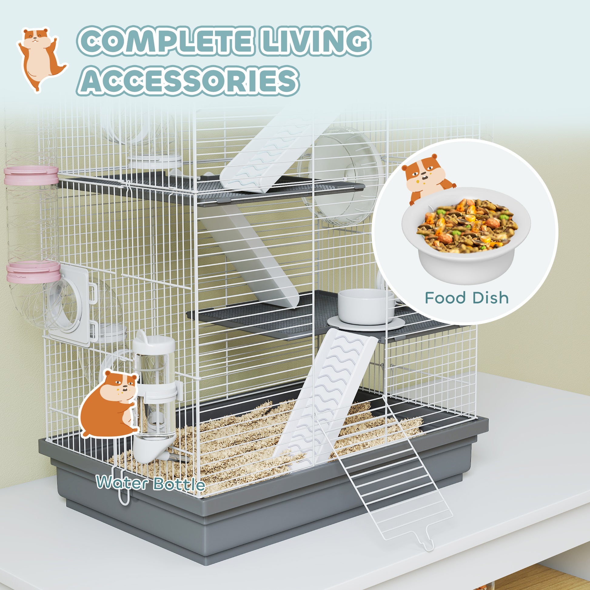 4-Level Large Hamster Cage with DIY Tubes, Water Bottle, Food Dish, Hut, Exercise Wheels, Grey
