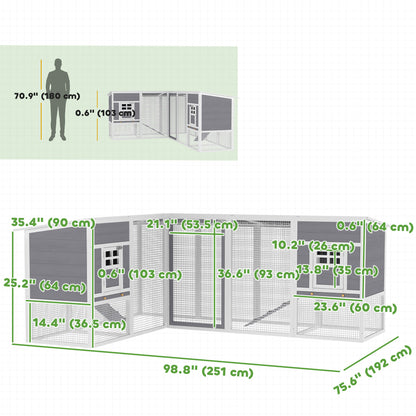 Chicken Coop with Run, L-Shaped Wooden Chicken House with 2 Houses, Outdoor Hen House with Waterproof Roof and Ramps