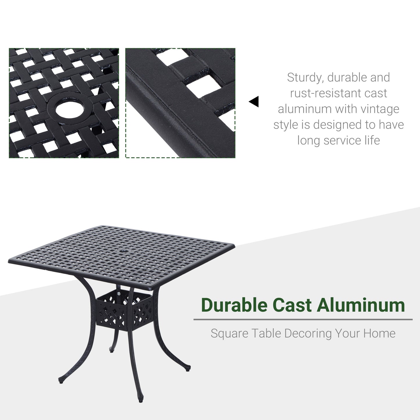 36" Patio Dining Table, Outdoor Bistro Table with 2" Umbrella Hole, Cast Aluminum Frame, For Garden, Balcony, Black