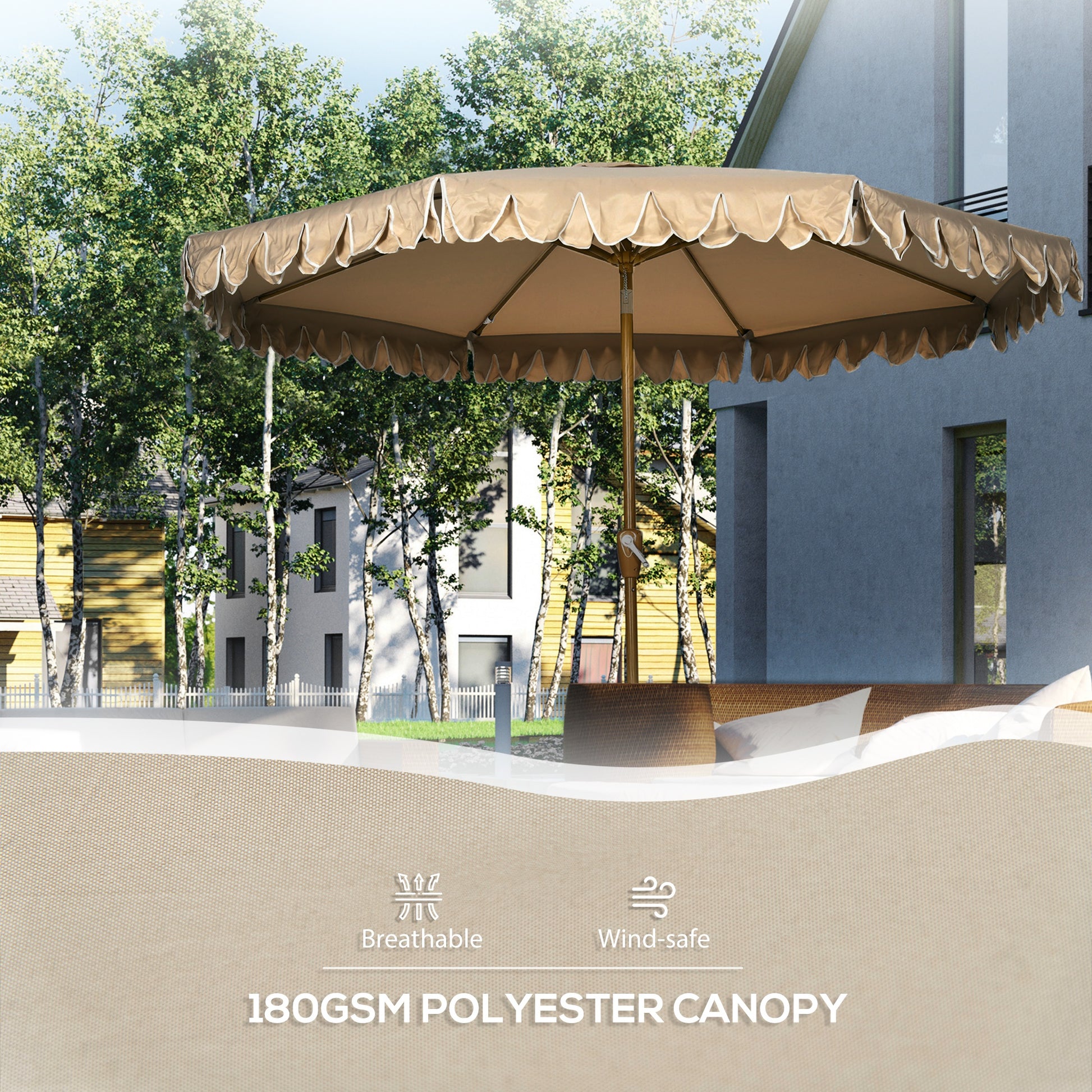 9 ft Patio Umbrella with Push Button Tilt and Crank, Double-ruffled Outdoor Market Table Umbrella Parasoll, Khaki