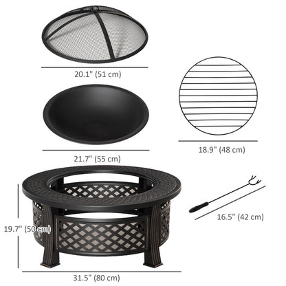 Outdoor Fire Pit, Firepit with Grill Net, Mesh Lid, Poker, for Camping, Bonfire, Picnic, Bronze