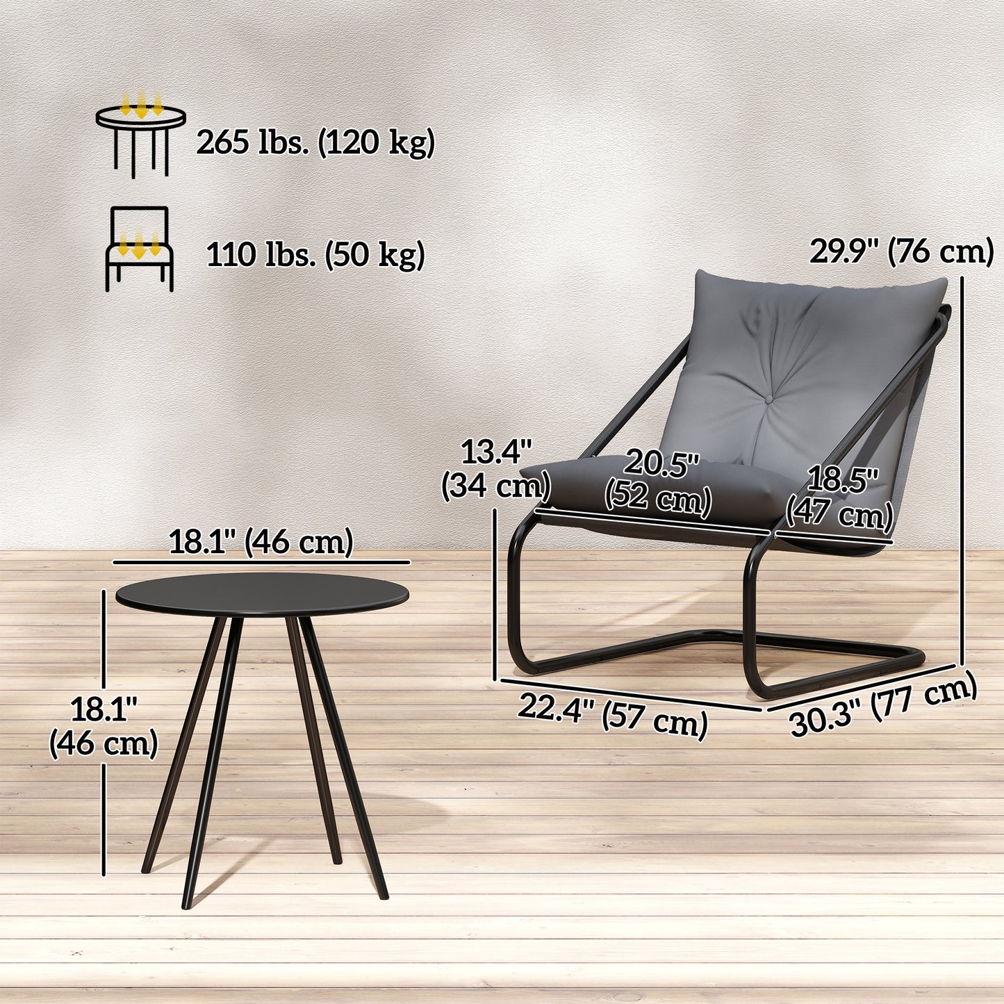 Outdoor Bistro Set, 3 Piece Patio Furniture Set with 2 C Spring Chairs and Round Table for Balcony, Light Grey
