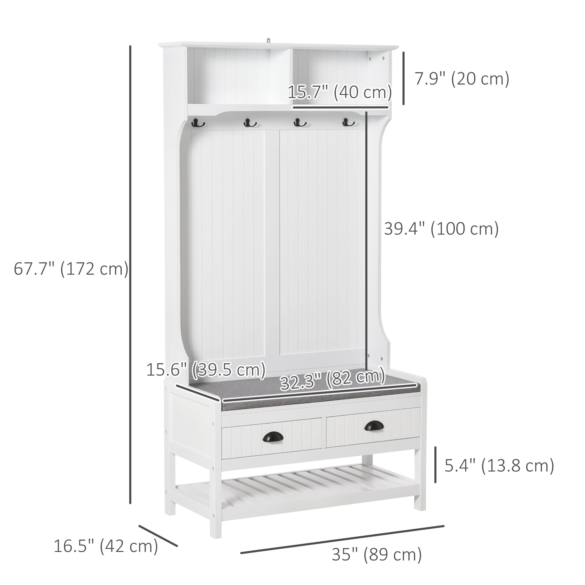 Coat Rack Shoe Bench, Hall Tree with Bench and Shoe Storage, Entryway Bench with 4 Hooks, 2 Drawers, 2 Shelves, White
