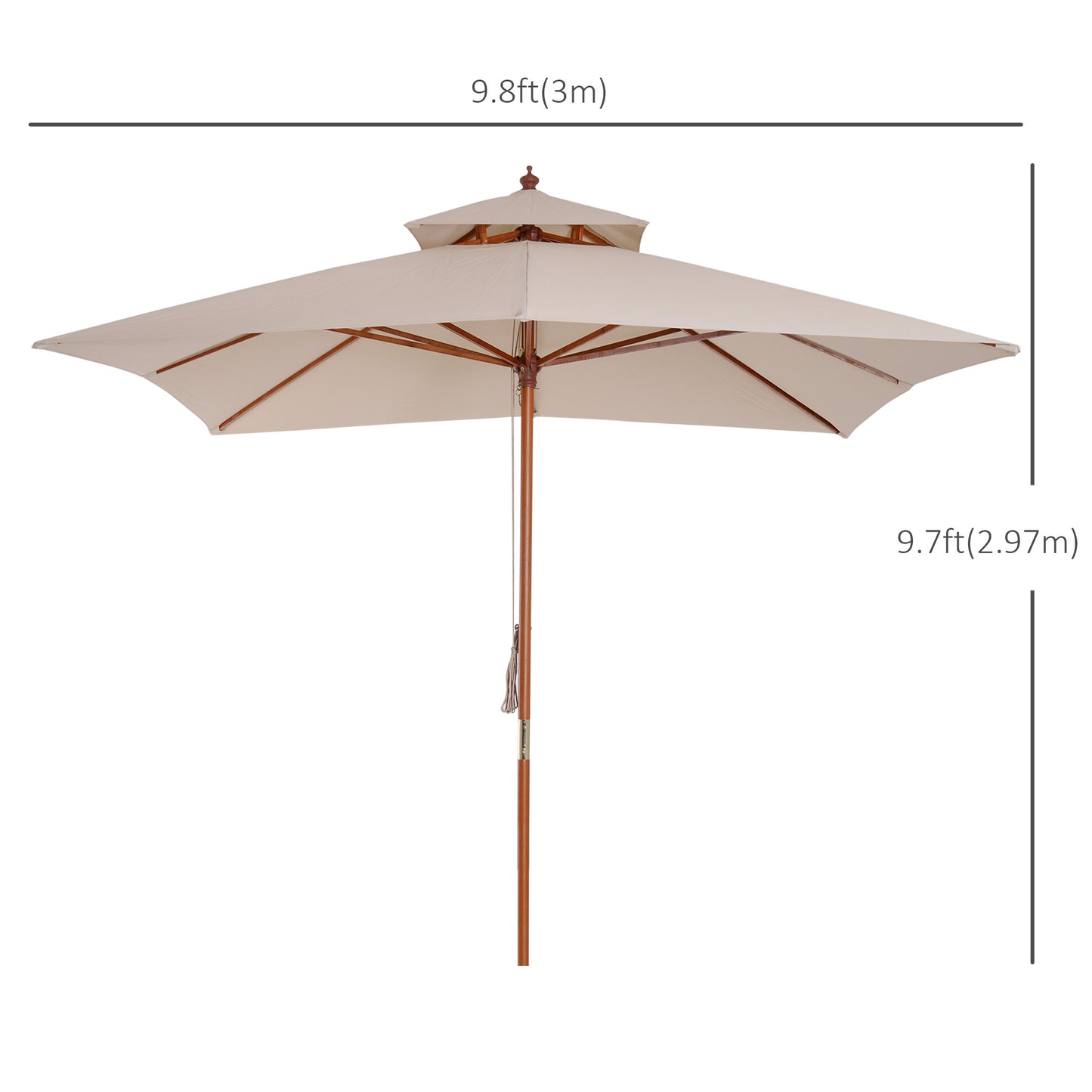 10x10ft Wood Square Patio Umbrella Garden Market Parasol Sunshade Canopy with 2 Pulley Pagoda Style, Khaki