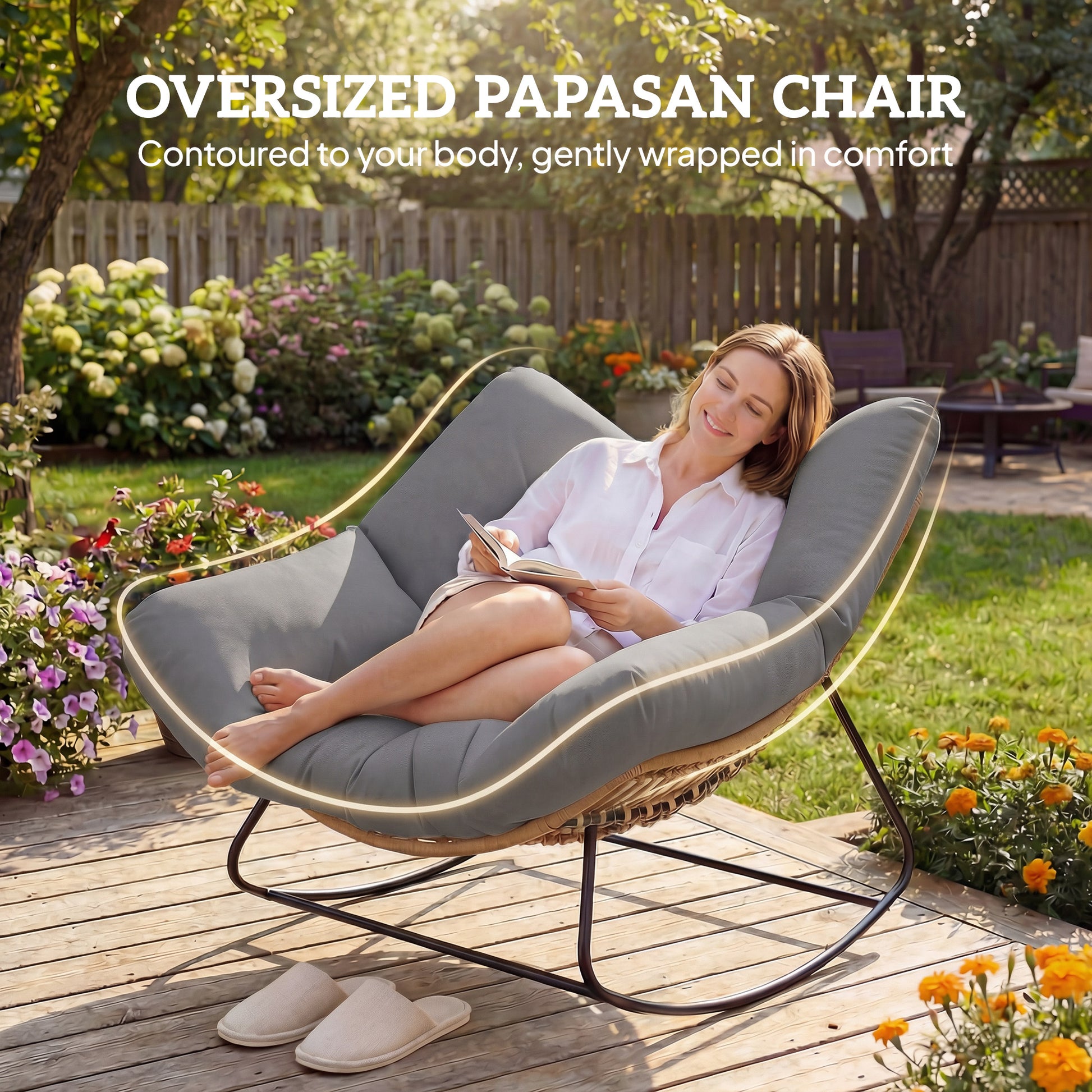 Indoor Outdoor Papasan Rocking Chair, Oversized Rocking Egg Chair with Cushion for Garden, Patio, Grey