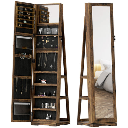 360° Swivel Jewelry Armoire, Lockable Mirror Jewelry Cabinet with Built-In Small Mirror, Rustic Brown