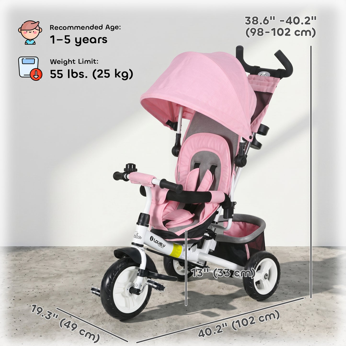 Qaba 6 in 1 Tricycle for Toddler 1-5 Years with Parent-Push Handle, Pink