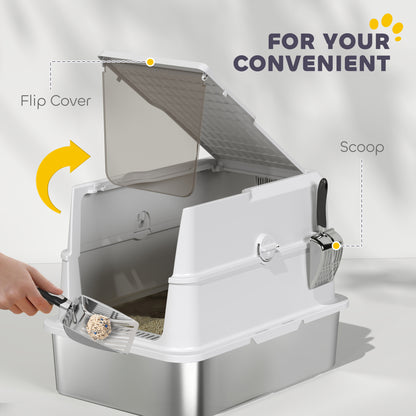 XL Stainless Steel Cat Litter Box for Big Cats with Flip Top, Scoop, Easy Clean & No Odors, Non-Sticky