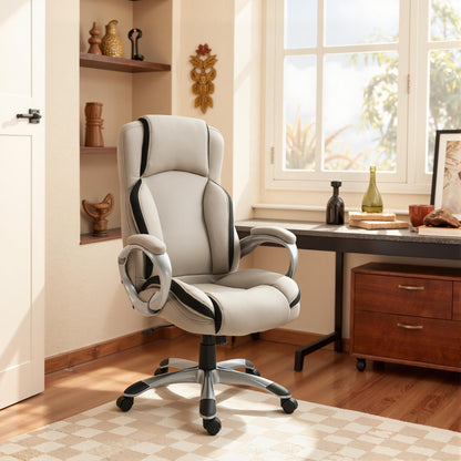 Ergonomic Office Chair PU Leather Executive on Rolling Wheels Task Computer Height Adjustable Swivel Ergonomic, Greige and Black