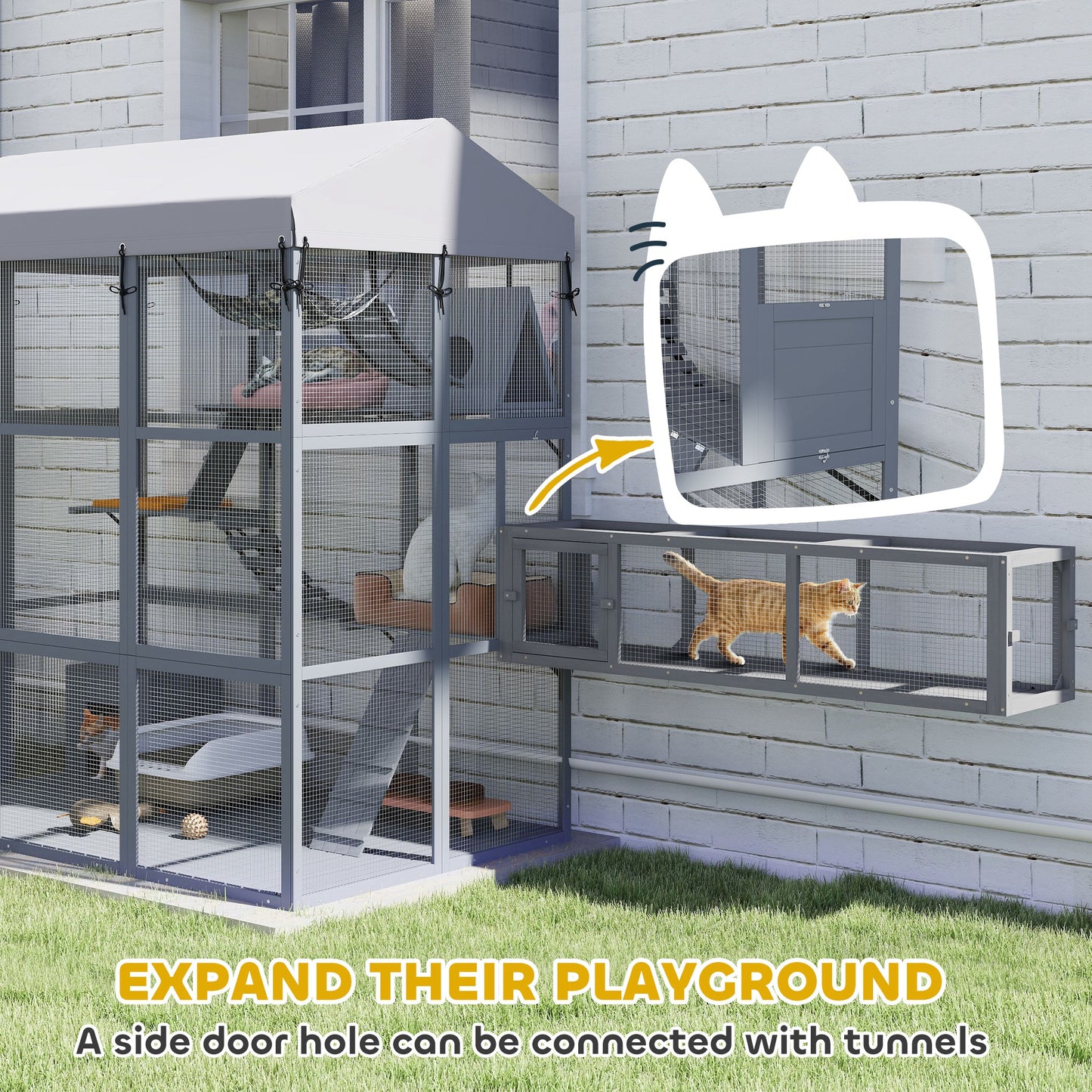 81"H Catio Outdoor with Floor to Prevent Escaping & Easy Cleaning, for 2-4 Cats Kittens, Grey