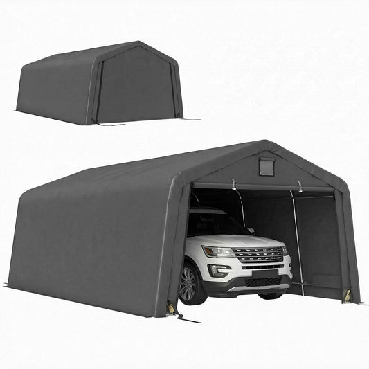 12' x 20' Portable Garage, Heavy Duty Carport Canopy with Ventilation Windows and Large Roll-up Door, Dark Grey