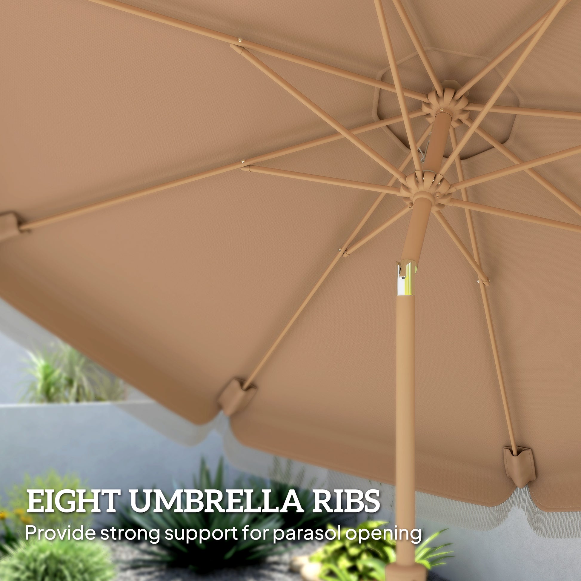9 ft Patio Umbrella with Push Button Tilt and Crank, Fringed Outdoor Market Table Umbrella Parasol, Khaki