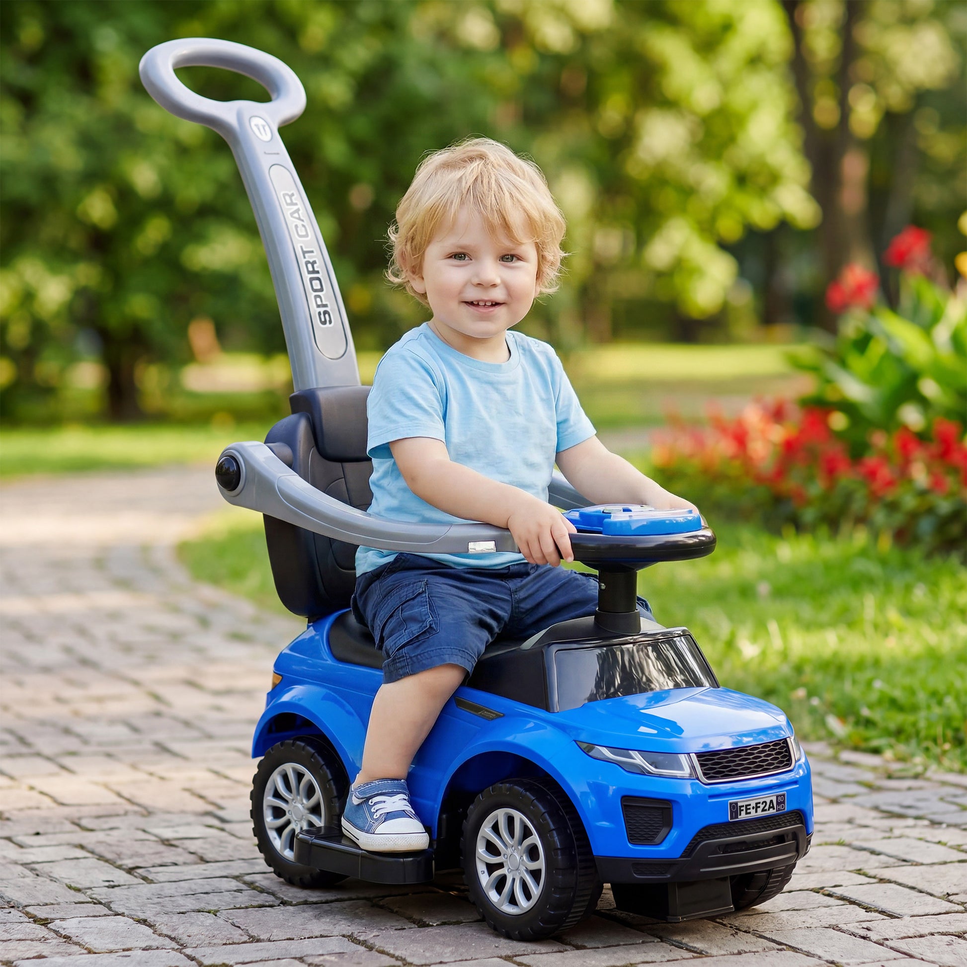 Aosom 3 in 1 Kid Ride on Push Car, Toddlers Sliding Walking Car, with Horn, Music, Light, Parent Control Handle, Secure Bar, Under Seat Storage, for Boy Girl 18-36 Months, Blue