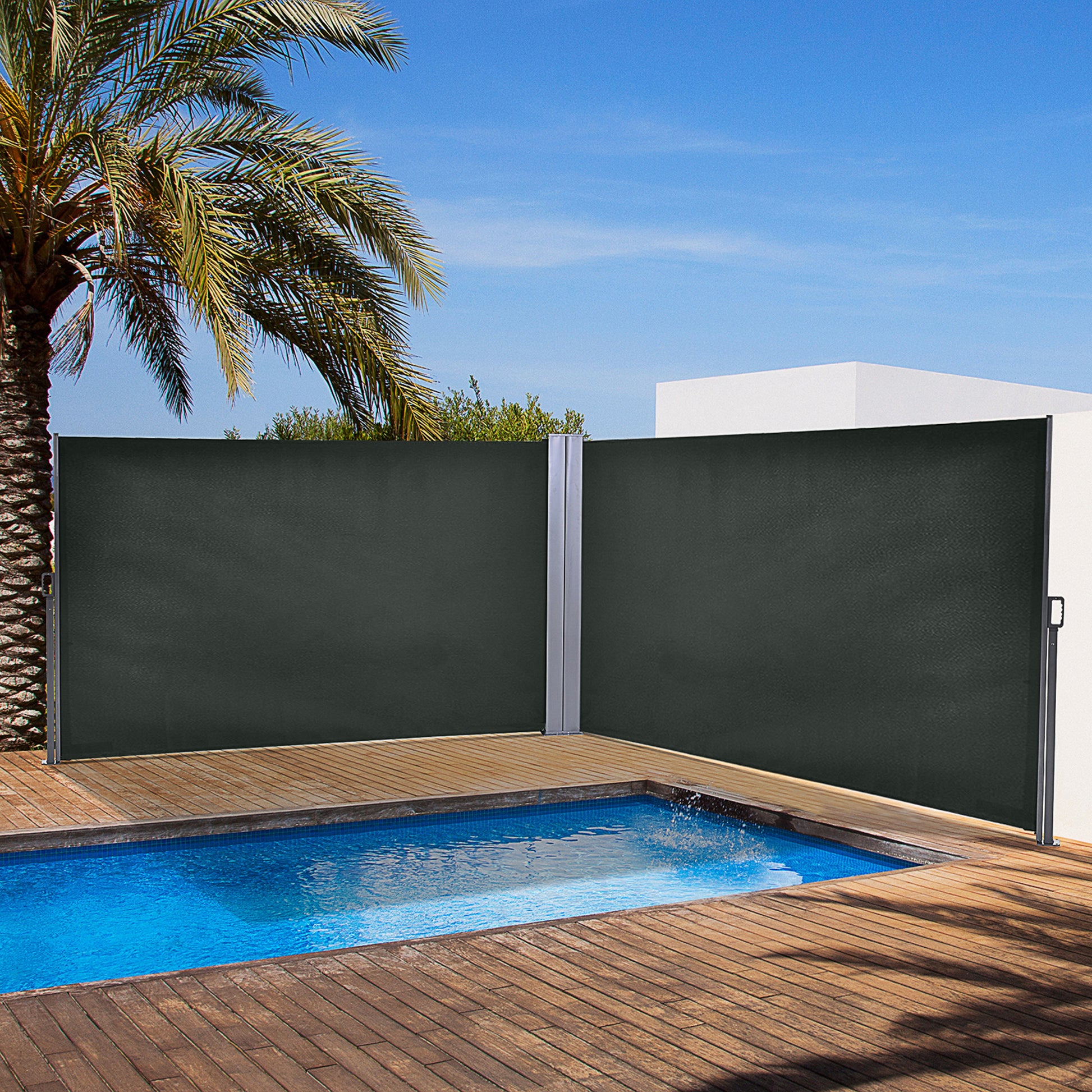 Double Retractable Side Awning, 236" x 63" Outdoor Privacy Wall, Patio Screen for Garden, Balcony, Backyard, Grey