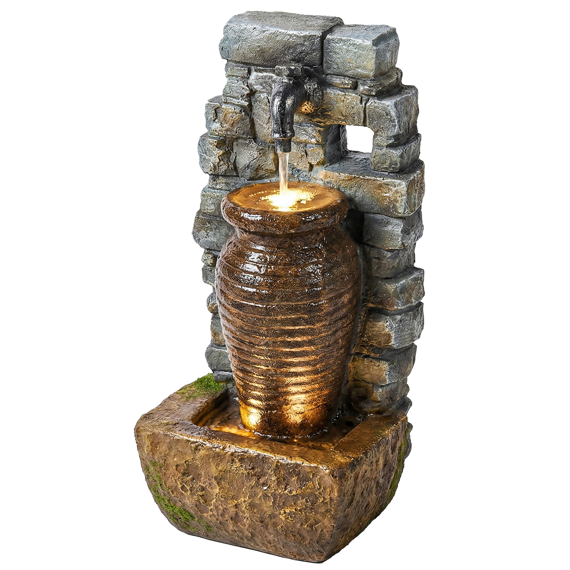 Outdoor Water Fountain Adjustable Water Flow Garden Fountain with LED Lights Rustic Urn Design
