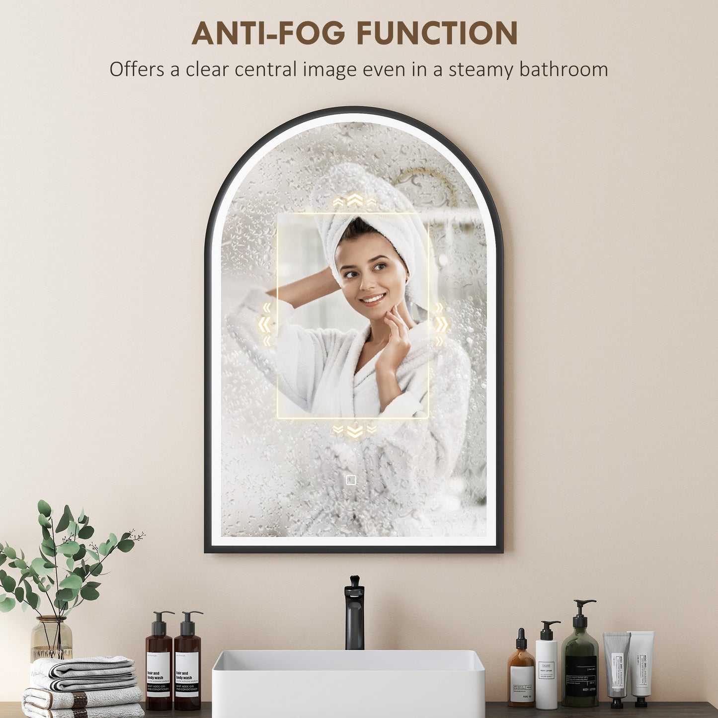 24" x 36" LED Bathroom Mirror, Arched Tempered Glass Wall Mirror, Anti-Fog, Dimmable, Memory Function, Black