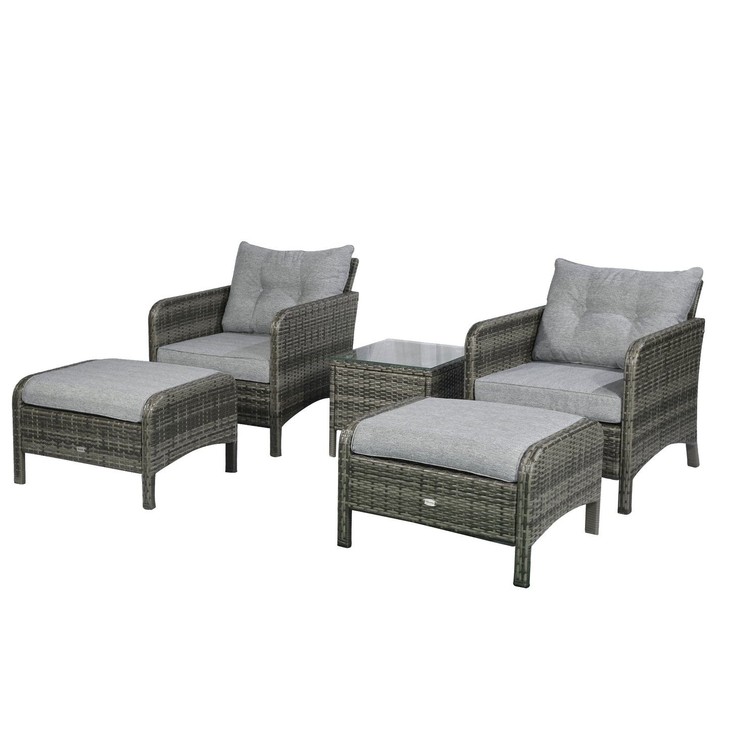 5 Pieces Wicker Patio Furniture Sofa Set Thick Padded Cushions, Outdoor PE Rattan Conversation Coffee Set with Armchairs, Footstools and Glass Top Table, Light Grey