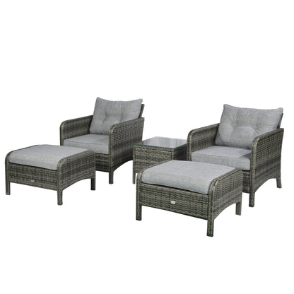 5 Pieces Wicker Patio Furniture Sofa Set Thick Padded Cushions, Outdoor PE Rattan Conversation Coffee Set with Armchairs, Footstools and Glass Top Table, Light Grey