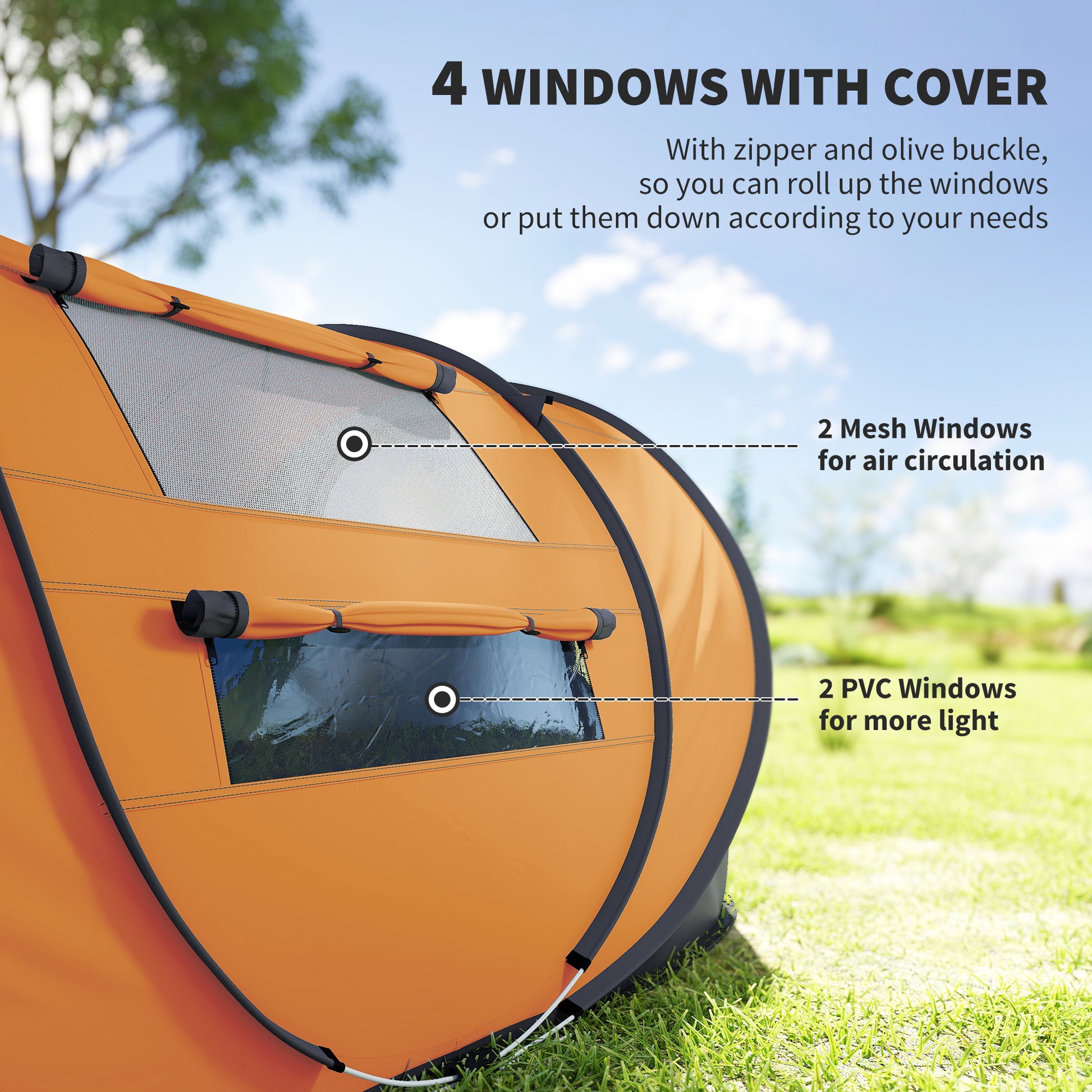 4 Person Camping Tent, Easy Pop Up Tent with Doors, Windows and Carry Bag, Automatic Setup Tent for Hiking, Orange