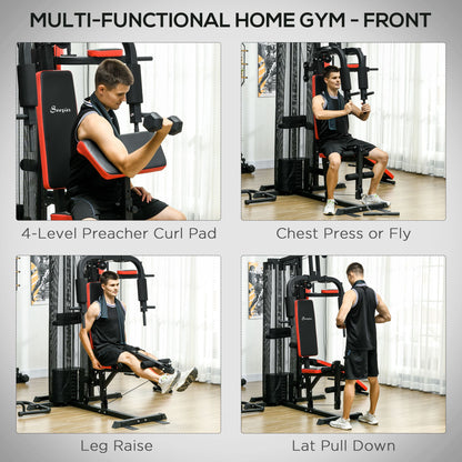 Soozier Multi Home Gym Equipment, Workout Station with Sit up Bench, Push up Stand, Dip Station, 143lbs Weights
