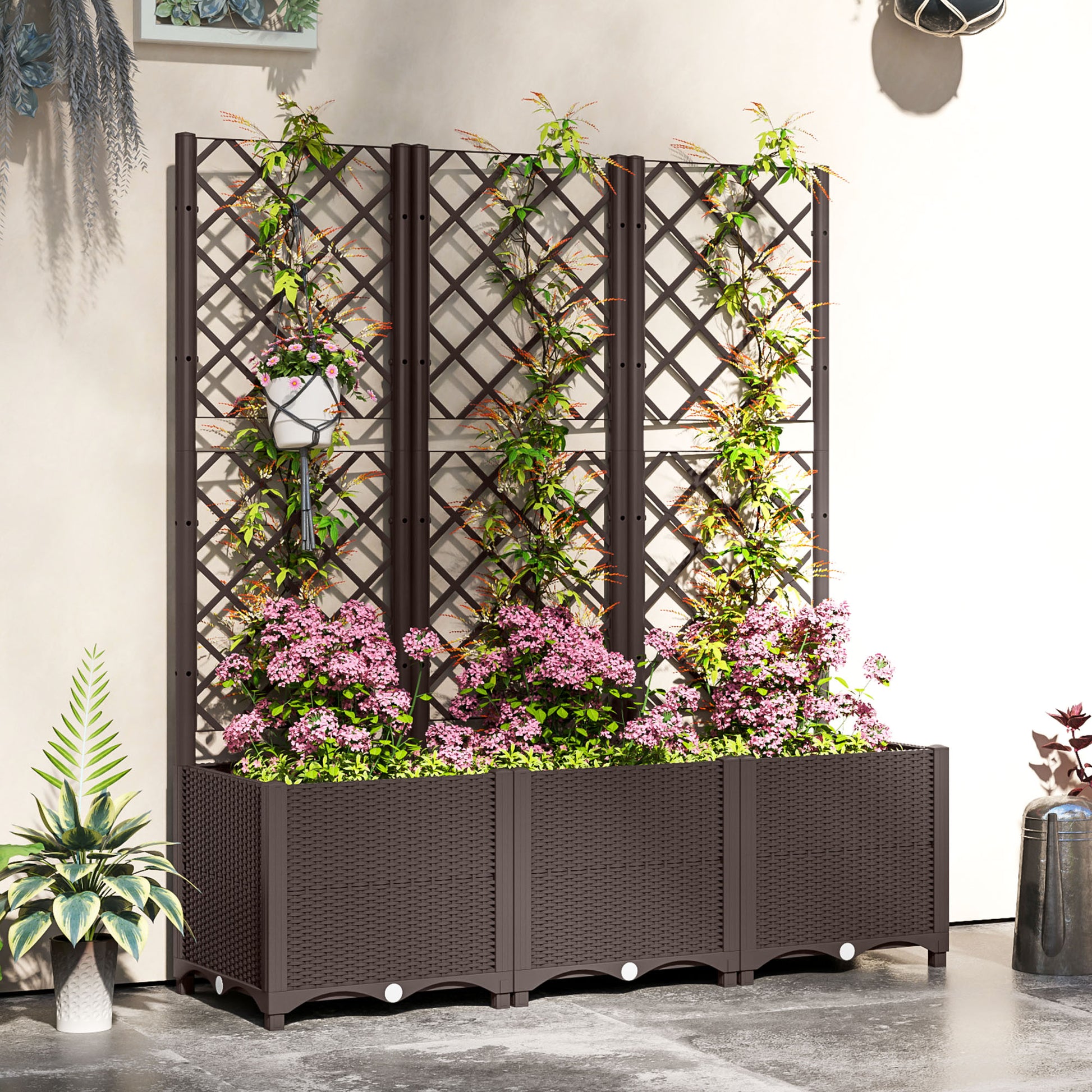 Raised Garden Bed with Trellis, Plastic Raised Flower Bed with Drainage Holes and Drain Plugs