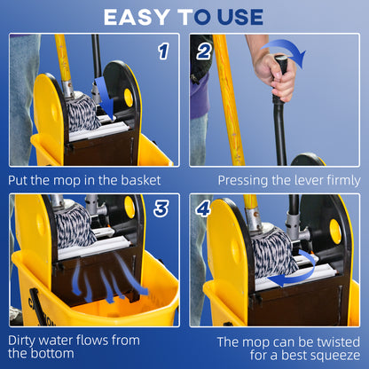 6.9 Gal/26L Mop Bucket, Mop Bucket with Wringer, Wheels and Handle, Yellow