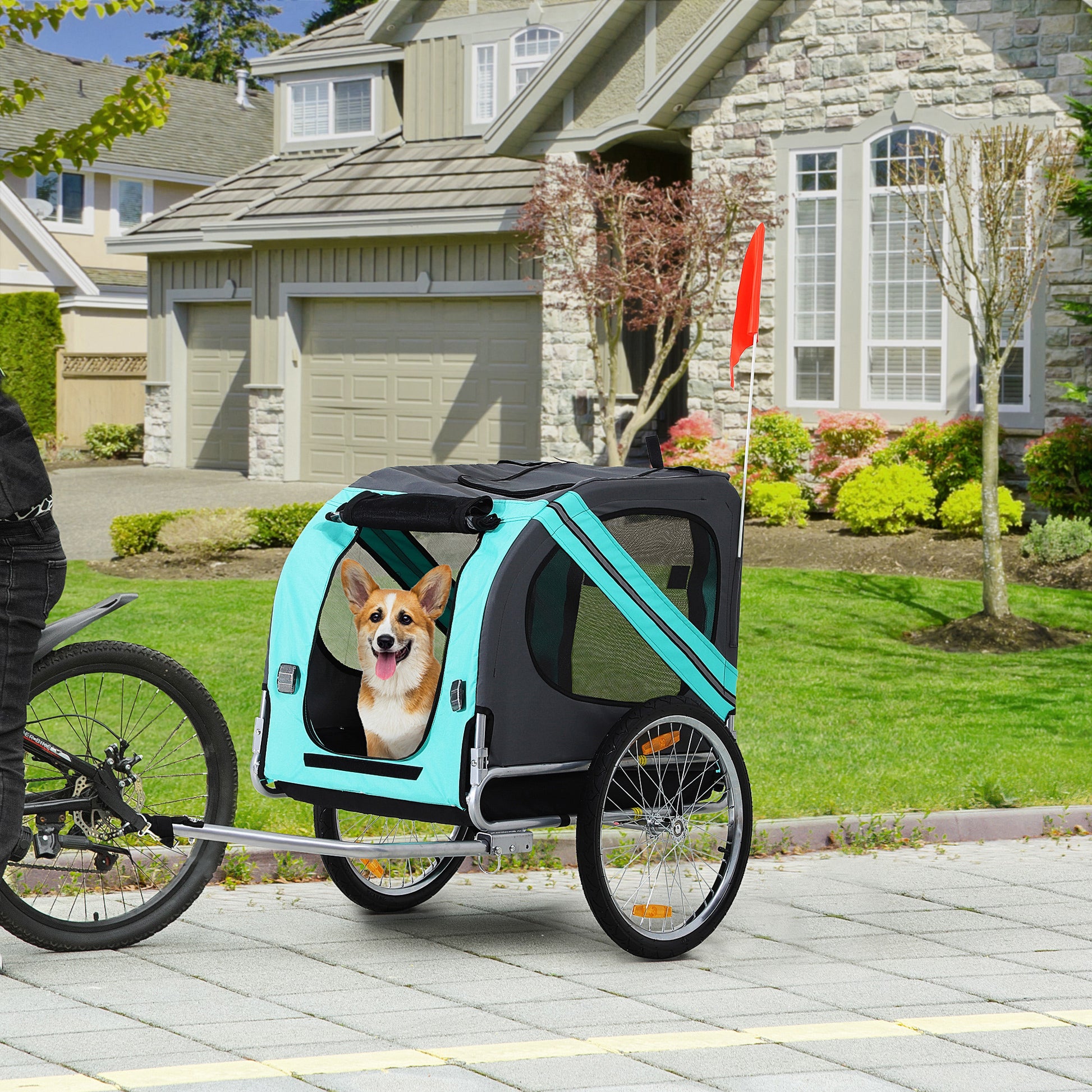 Aosom Dog Bike Trailer Pet Cart Bicycle Wagon Cargo Carrier Attachment for Travel with 3 Entrances Large Wheels for Off-Road & Mesh Screen, for Small Medium Dogs, Green