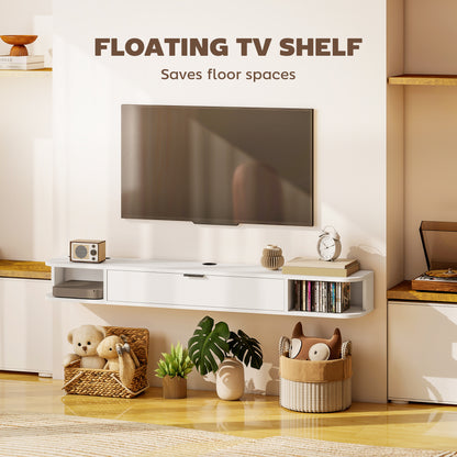55" Floating TV Stand for TVs up to 60 Inch, Wall Mounted Media Console with Flip Drawer and 2 Open Shelves, White