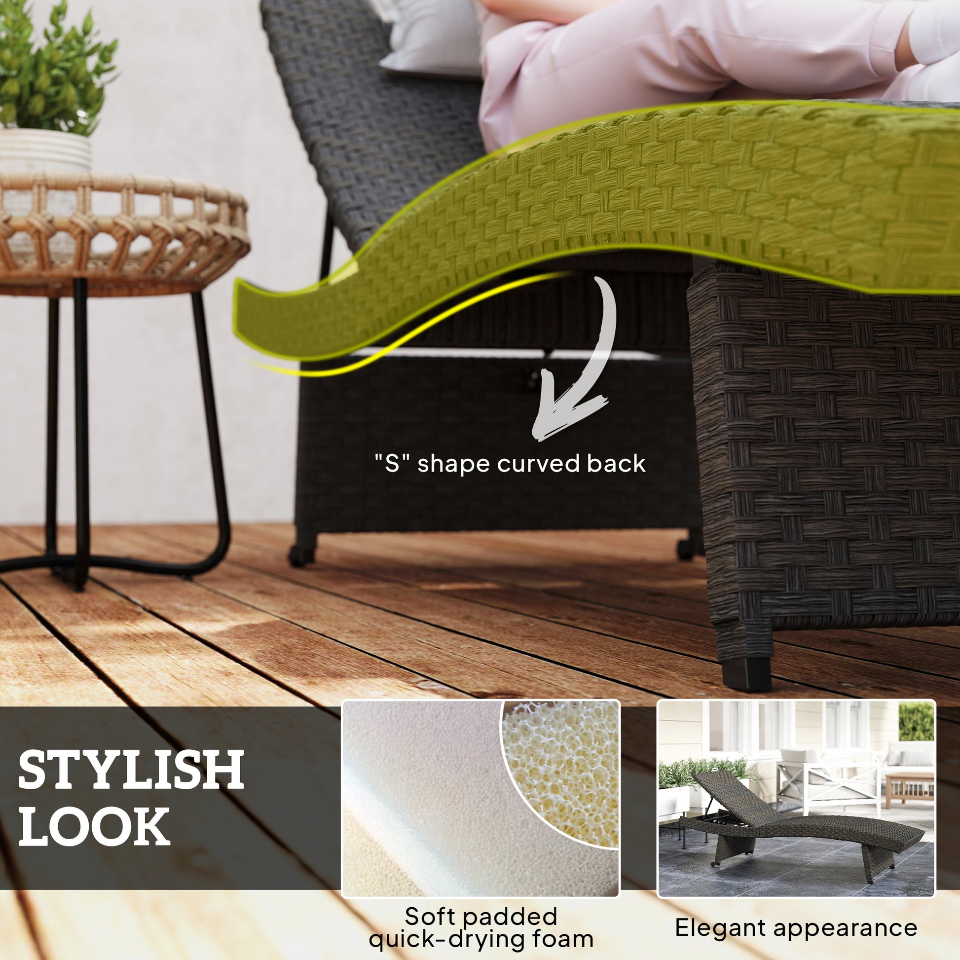 Rattan Folding Outdoor Lounger Chair Recliner with 5-Level Adjustable Backrest, Wheels for Garden, Patio, Mixed Brown