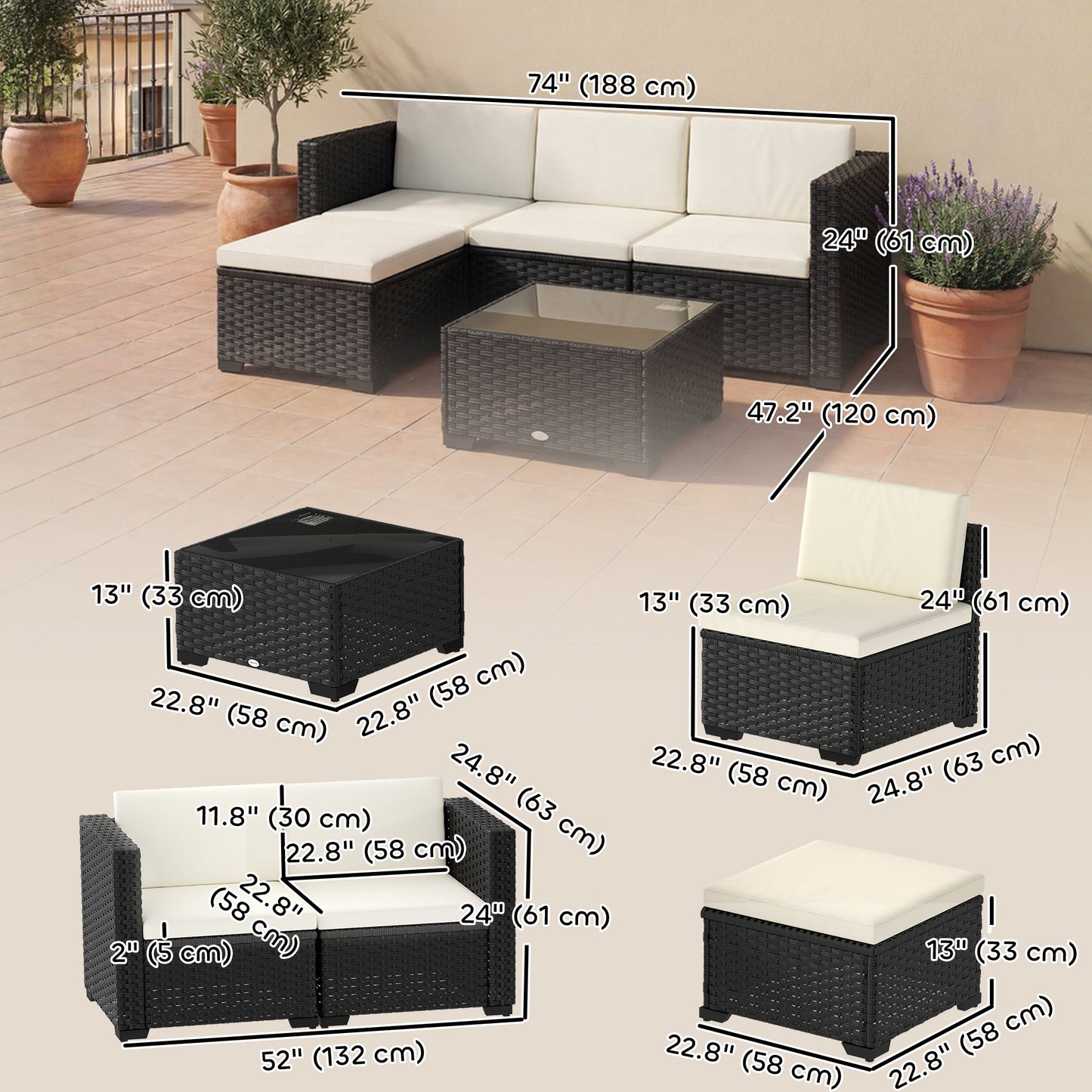 5 Piece Patio Furniture Set, L-Shape Wicker Outdoor Sectional with 3 Chairs, Ottoman, Glass Table, Cushions, Cream