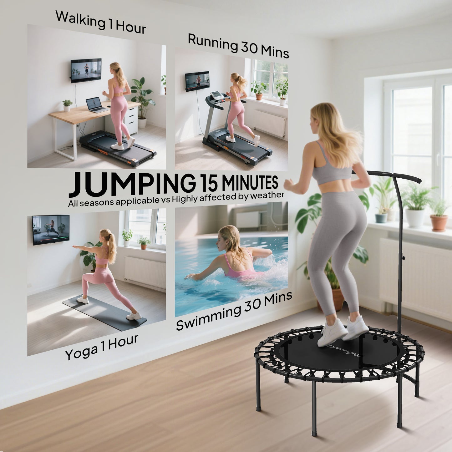 Soozier 40" Foldable Rebounder Trampoline ,Mini Trampoline Indoor with Adjustable Handle, Quiet and Safe Bungee Rebounder,Black