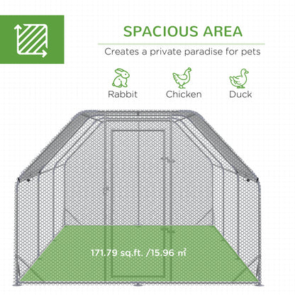 Chicken Run, Galvanized Large Metal Chicken Coop Cage, Walk-in Enclosure Poultry Hen Run House Playpen Rabbit Hutch with Flat Roof, Cover, 9.2' x 18.7' x 6.5', Silver