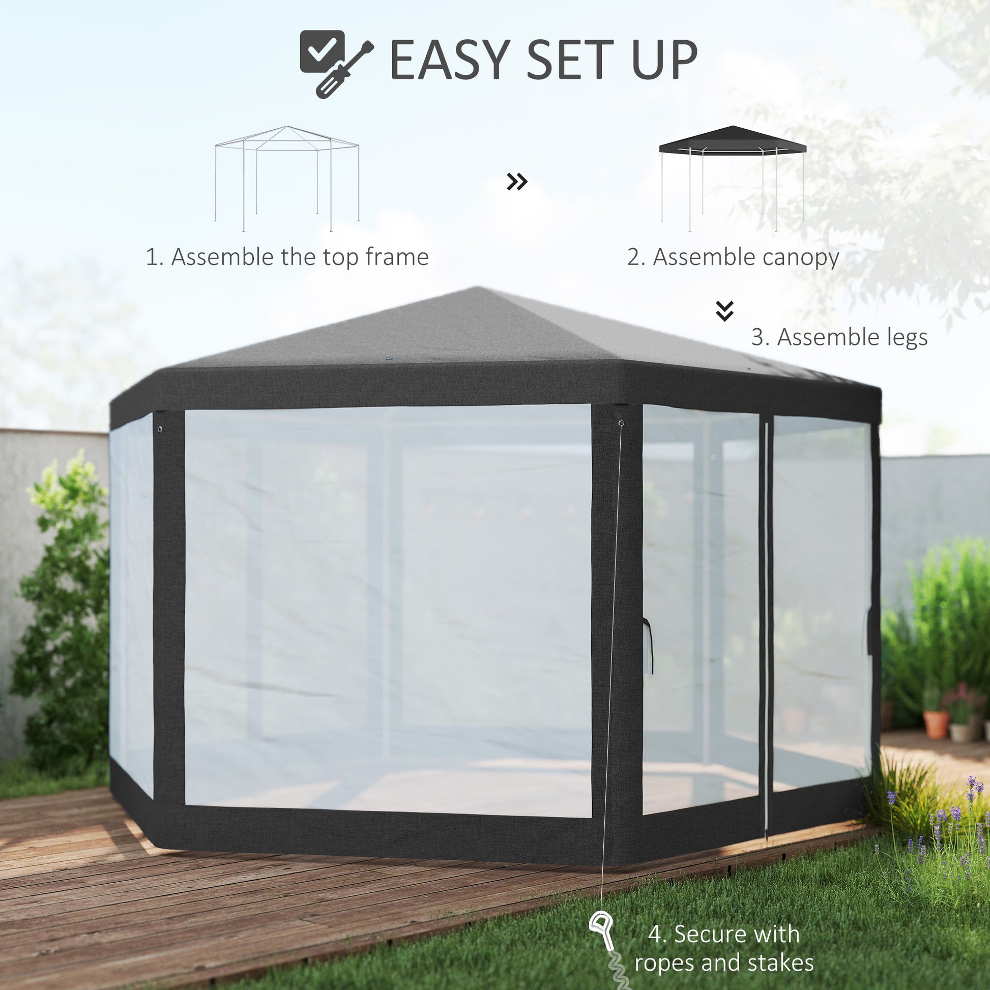 Φ13' Hexagon Party Tent Patio Gazebo Outdoor Activity Event Canopy Quick Sun Shelter Pavilion with Netting Mesh Sidewall, Dark Grey