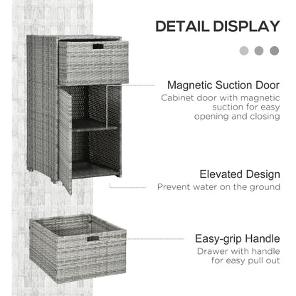 Patio Storage Cabinet, Outdoor Towel Rack for Pool, PE Rattan Wicker Hot Tub Accessory, with Basket Drawer, Mixed Grey
