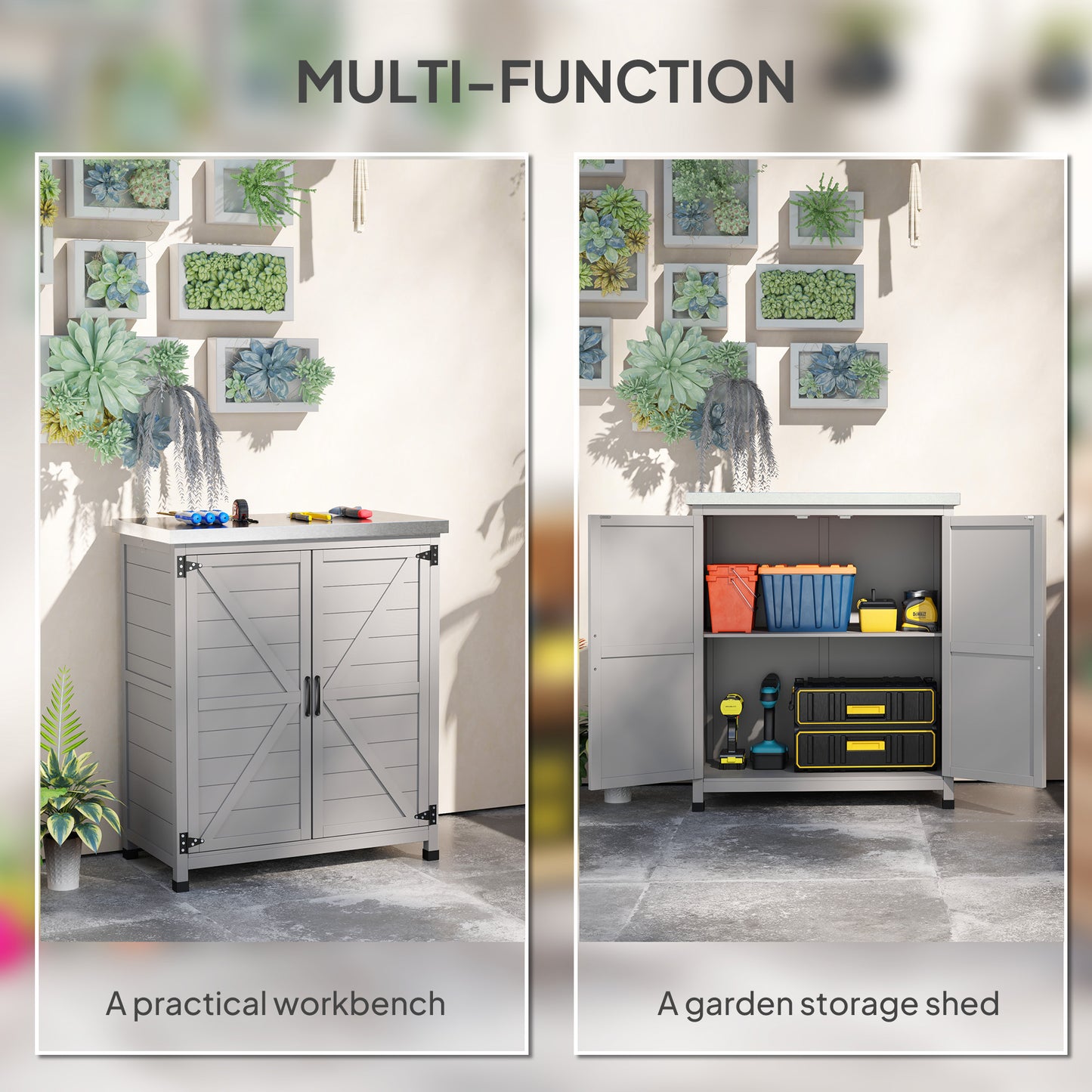 Garden Storage Cabinet, Outdoor Potting Bench Table with Metal Tabletop, Shelf and Double Doors, Grey