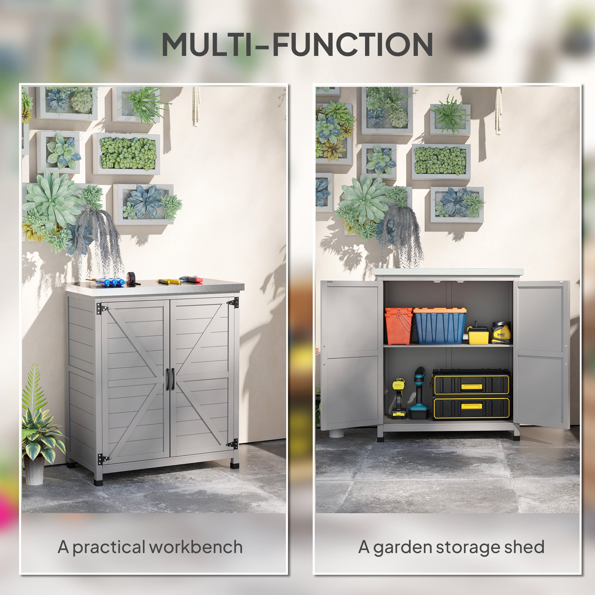 Garden Storage Cabinet, Outdoor Potting Bench Table with Metal Tabletop, Shelf and Double Doors, Grey