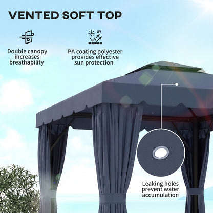 10' x 10' Outdoor Patio Gazebo Double Soft-top Garden Shelter Tent with Curtains, Mesh Screen Drapes, Dark Blue