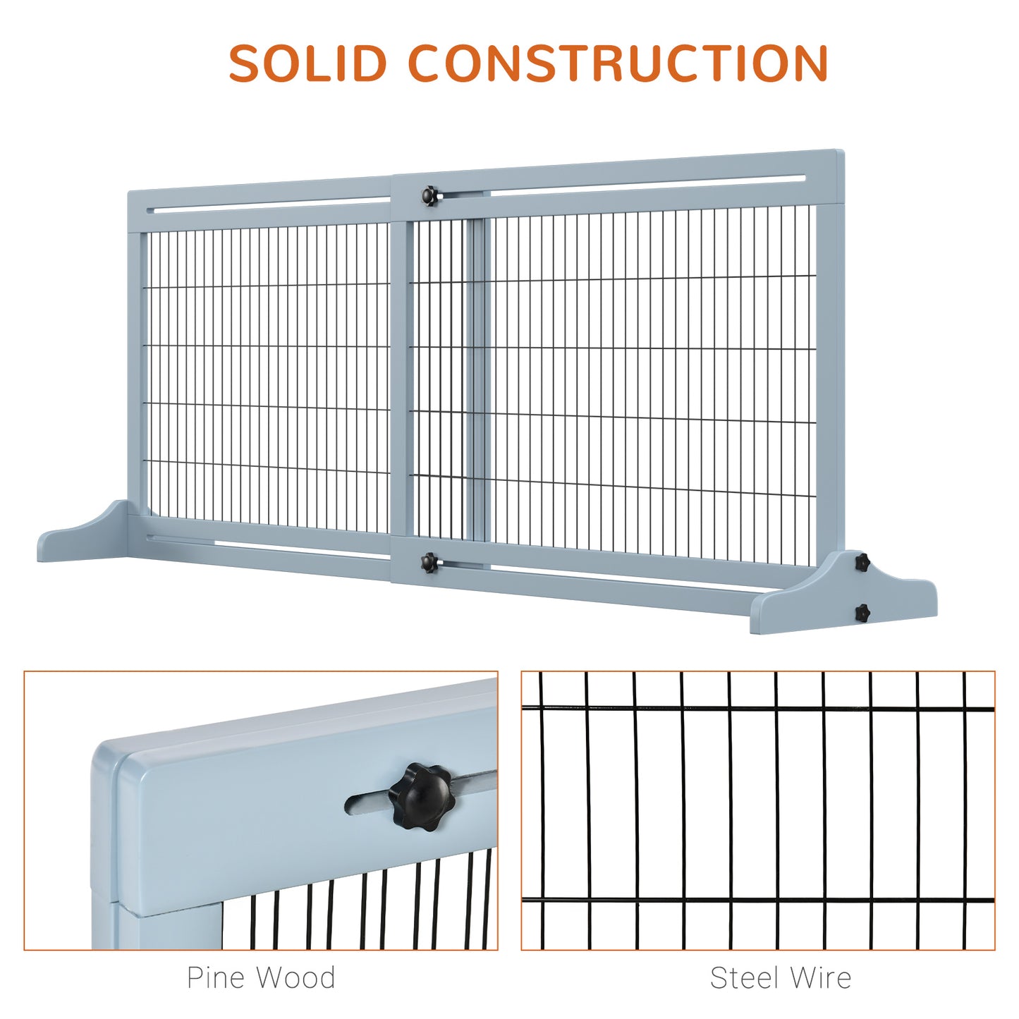 41"-71" Wooden Freestanding Pet Gate with Support Feet, for Small Medium Dogs, Grey-Blue