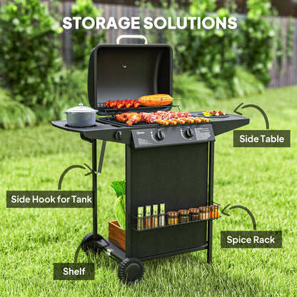 2+1 Burner Propane Gas BBQ Grill, Portable Gas Barbecue Grill with Side Burner, Thermometer, Lid, Side Table, Shelf, Spice Rack, Wheels, Grease Cup for Garden, Black